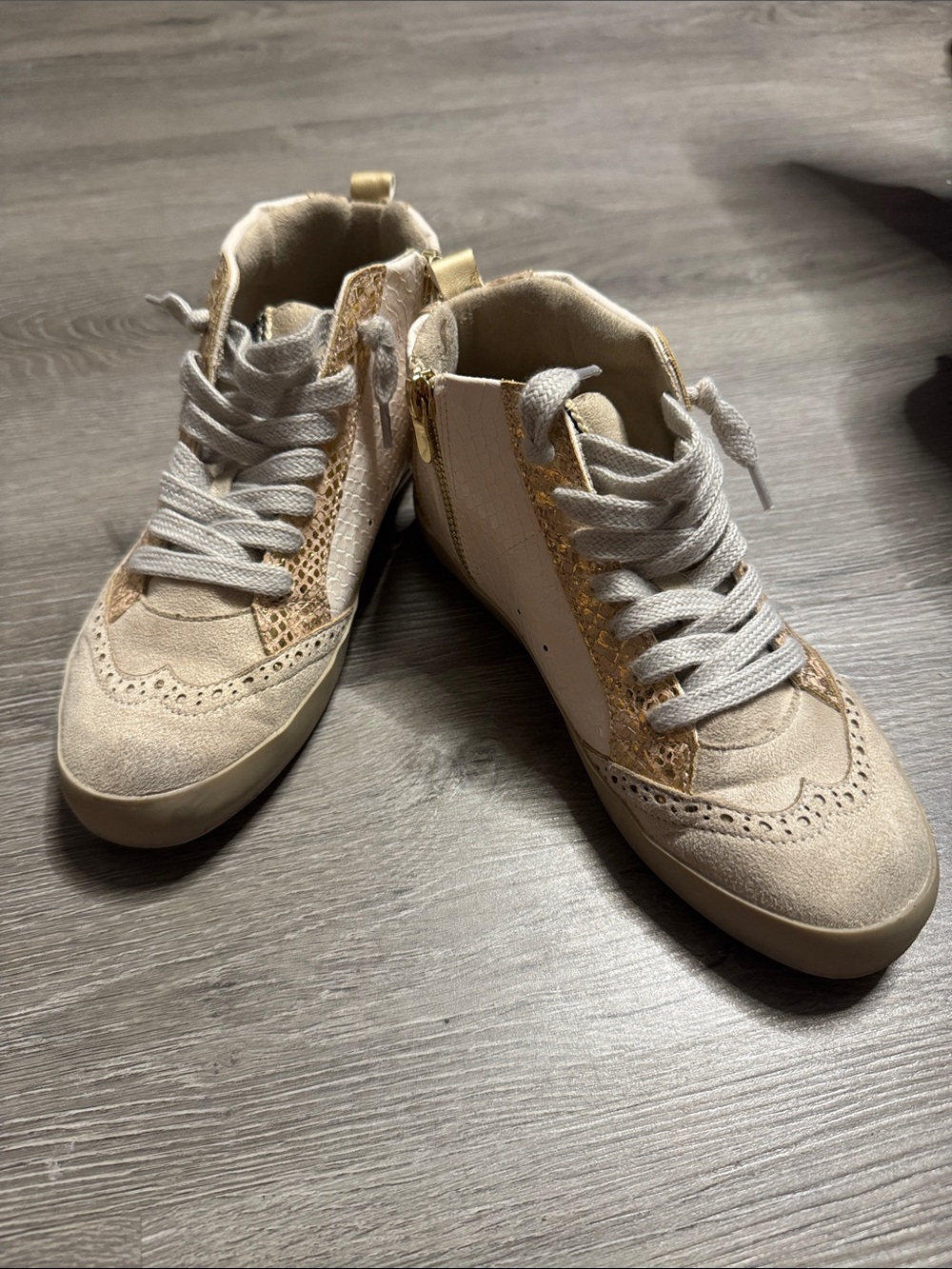 ShuShop Beige High-Top Sneakers with Gold Trim